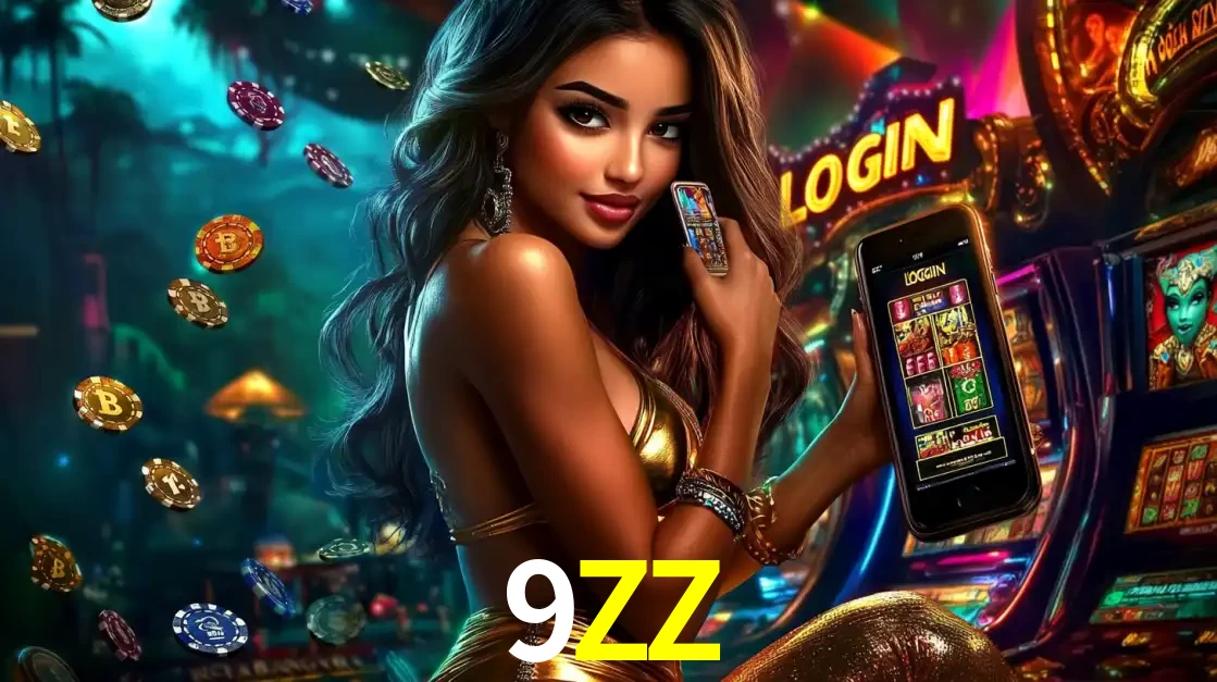 Mulher em um cenário de cassino temático de aventura, mostrando o app de caça-níqueis da 9ZZ no celular. Fichas de apostas flutuam ao redor.