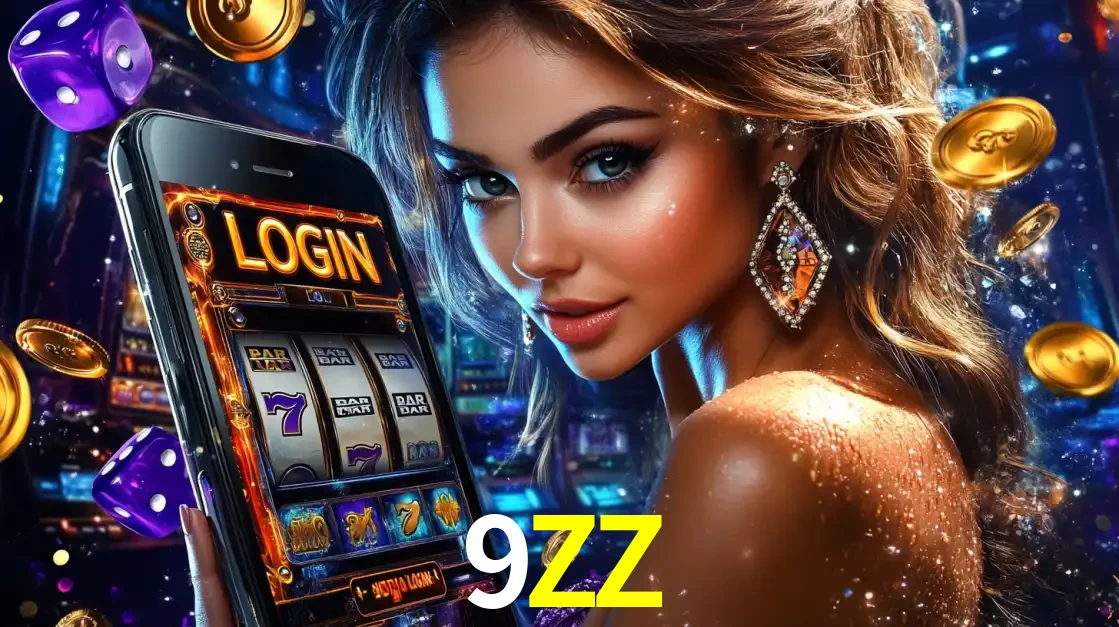 Mulher glamorosa segurando um smartphone com a tela de login para os jogos de caça-níqueis do cassino online 9ZZ, com moedas de ouro e dados ao redor.
