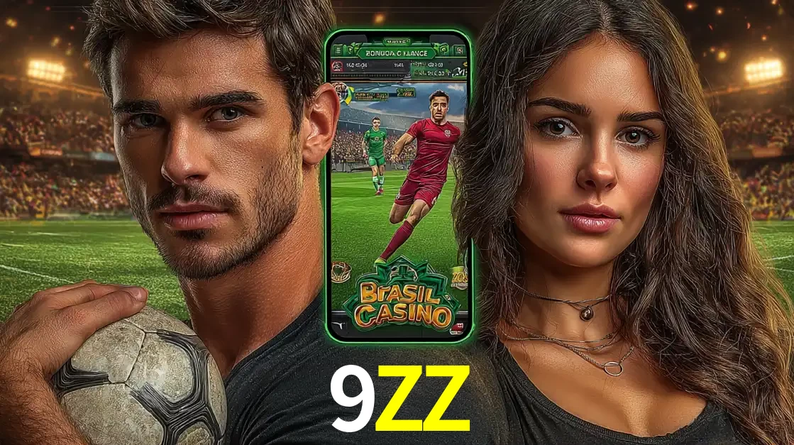 Homem segurando uma bola de futebol e uma mulher ao lado de um smartphone exibindo o jogo de apostas esportivas da 9ZZ. Faça seu palpite no cassino online.